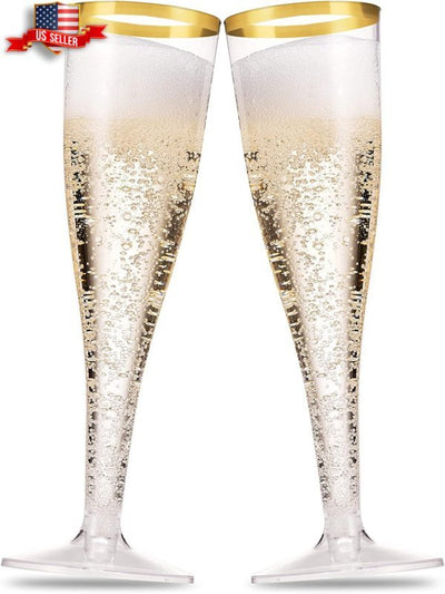 100 - Pack Gold Rim Champagne Flutes Elegant Disposable Glasses 5 Oz - KDHomeTrendz